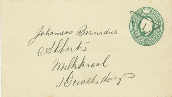 A halfpenny envelope used for printed matter with an unidentified triangular postmark No. 11.